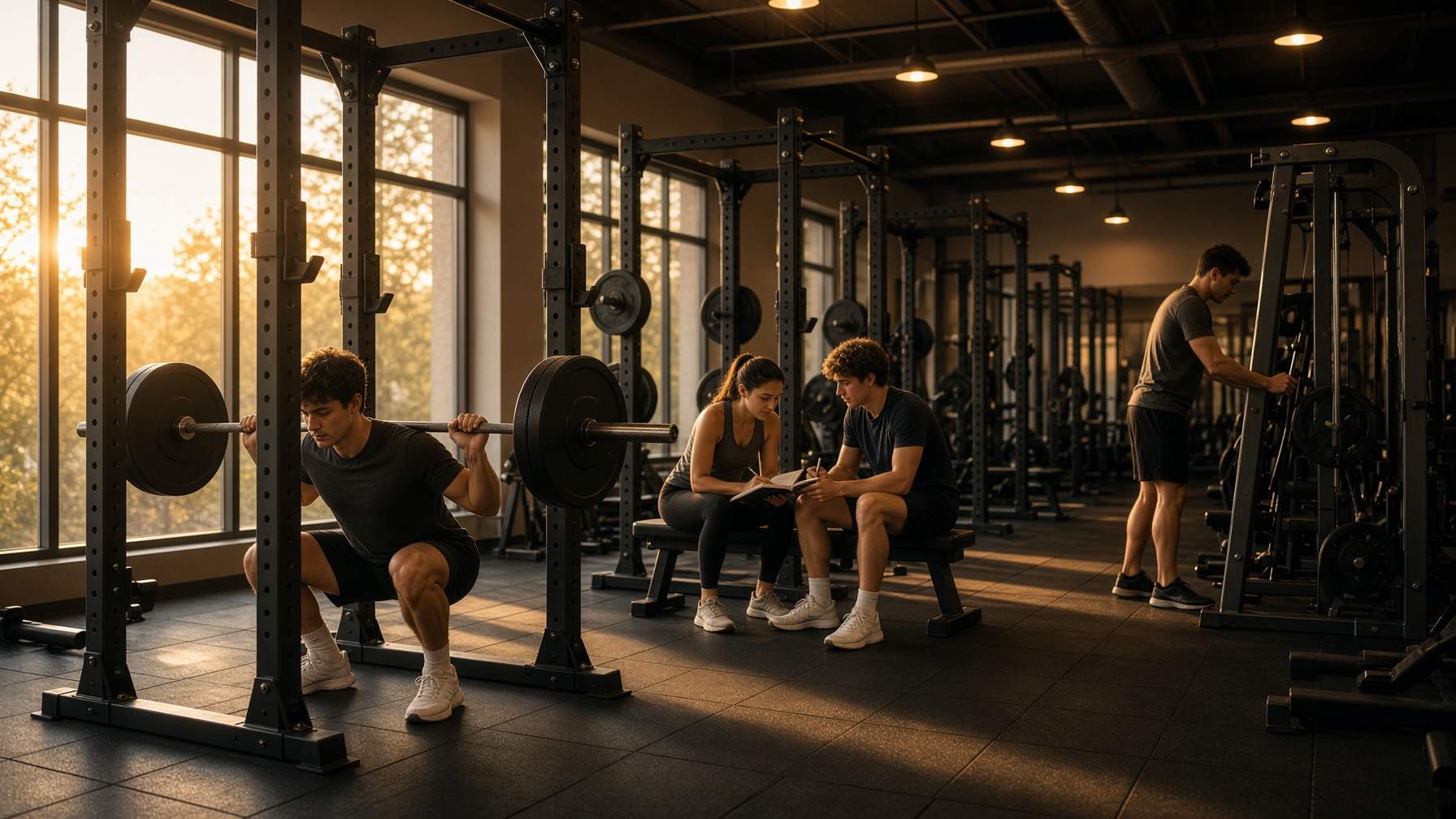 Young adults training together in a well-lit gym