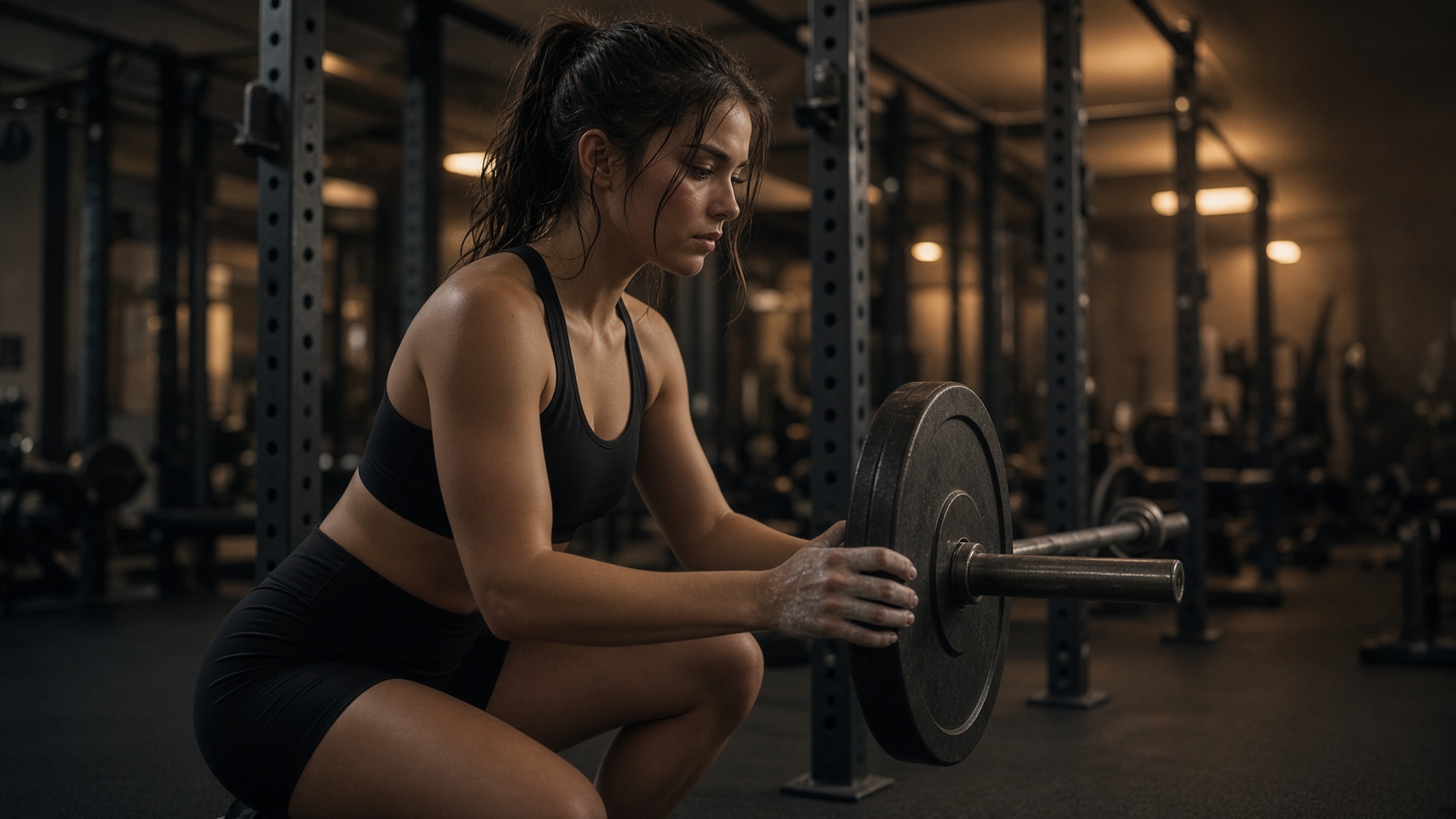 A young adult loading a barbell at a squat rack, training independently